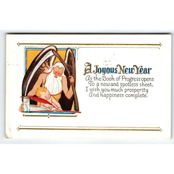 New Year Postcard 1923 Father Time Child With Quill Pen Vintage Antique Greeting - Picture 1 of 2